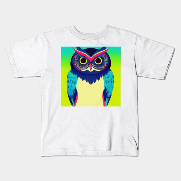 Colorful Owl Portrait Illustration - Bright Vibrant Colors Bohemian Style Feathers Psychedelic Bird Animal Rainbow Colored Art Kids T-Shirt by JensenArtCo